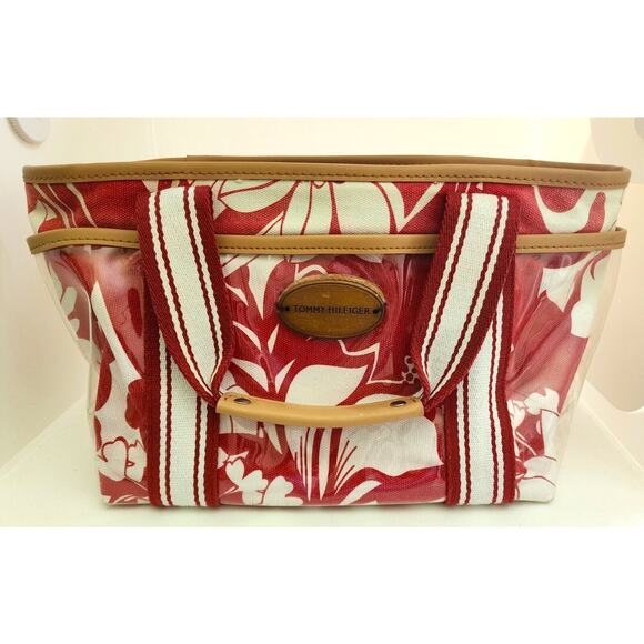 PURSE/HANDBAG-TOMMY HILFIGER-Red White-Plastic Cover-Beach-Boating-Snap Top - Picture 1 of 16